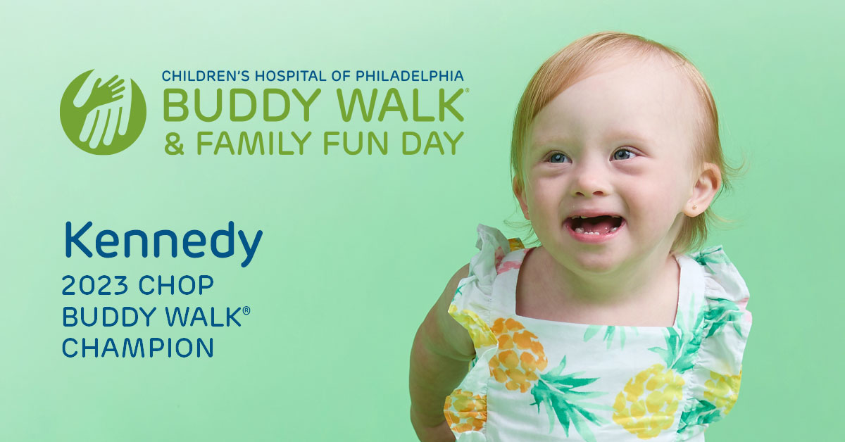 We want to introduce #CHOPBuddyWalk Champion, Kennedy! Her family was connected with our Trisomy 21 Program to ensure Kennedy was getting the support she needed to grow and thrive. Register today to join us on Sunday, 10/8: ms.spr.ly/6010958bO. #ForBreakthroughs
