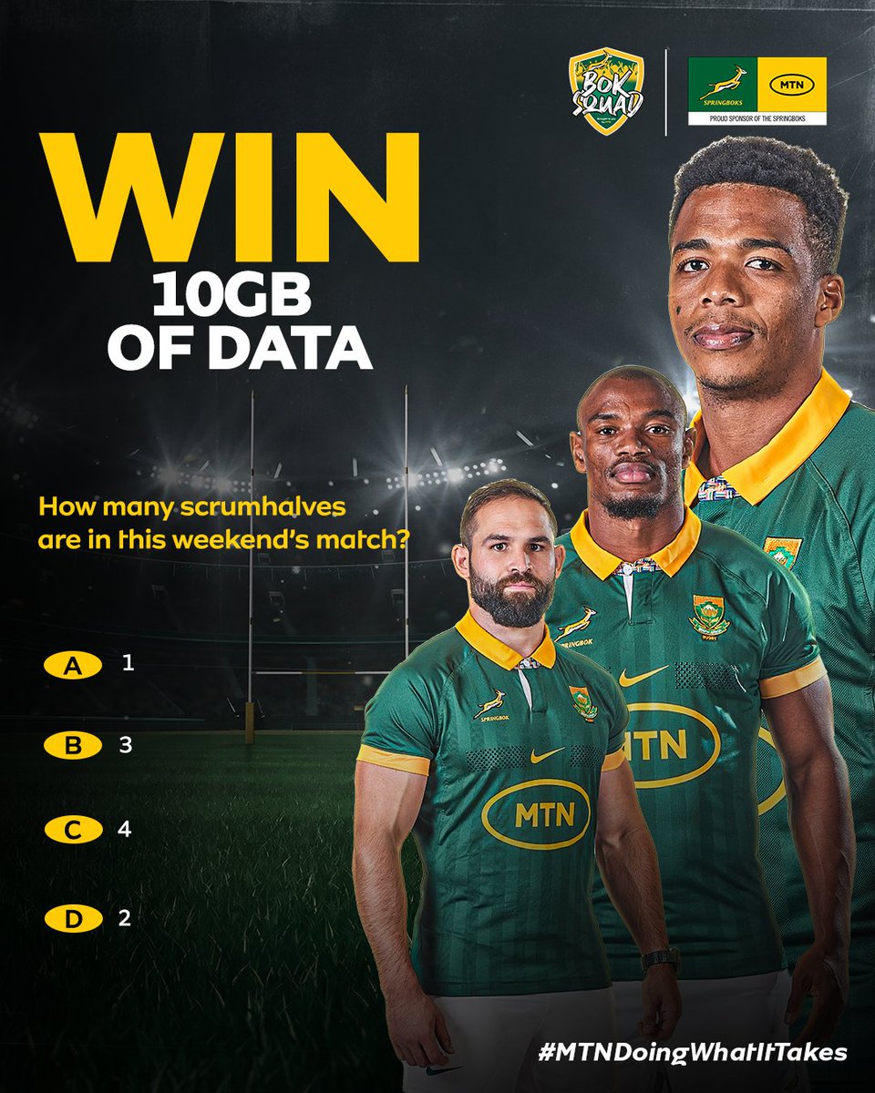 Scrumhalves for DAYS! 🔥👀

To enter:
- Give us the correct answer below using #MTNDoingWhatItTakes &amp; tag one other person
- RT this post

HINT: 🗞Get the upper hand by taking a look at the team announcement on #BokSquad: boksquad.co.za/article/mbonam… T&amp;Cs Apply. #MTNDoingWhatItTakes