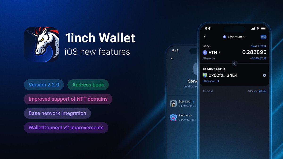 📲🎉 Introducing version 2.2.0 of the #1inchWallet for #iOS! New features:  1️⃣ Address book & new send flow 2️⃣ #Base integration 3️⃣ Quick actions in  Wallet Picker 4️⃣ Improved support of #NFT