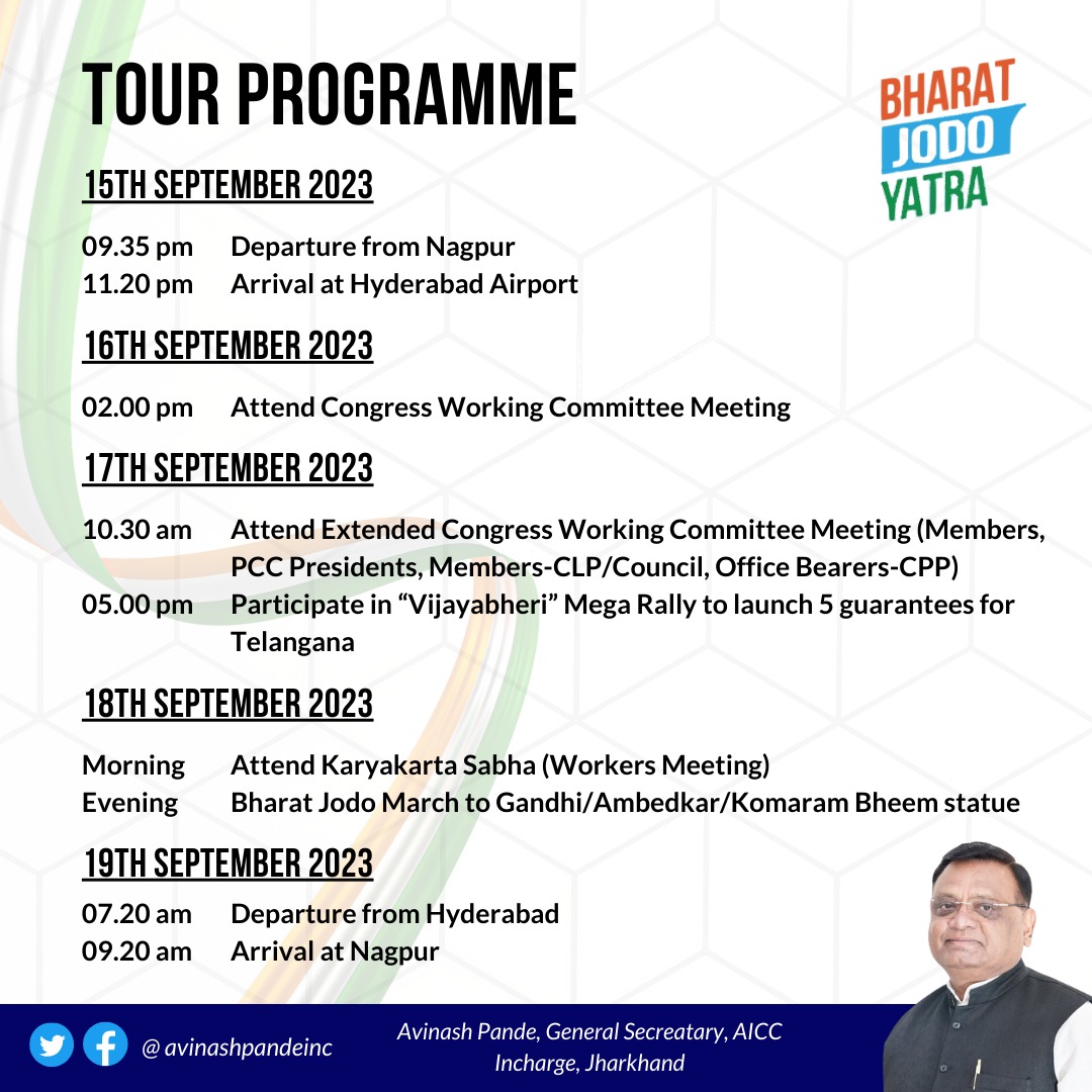avinashpandeinc's tweet image. My tour program from 15th to 19th September to attend the #CWC_Hyderabad and participate in the Bharat Jodo March !