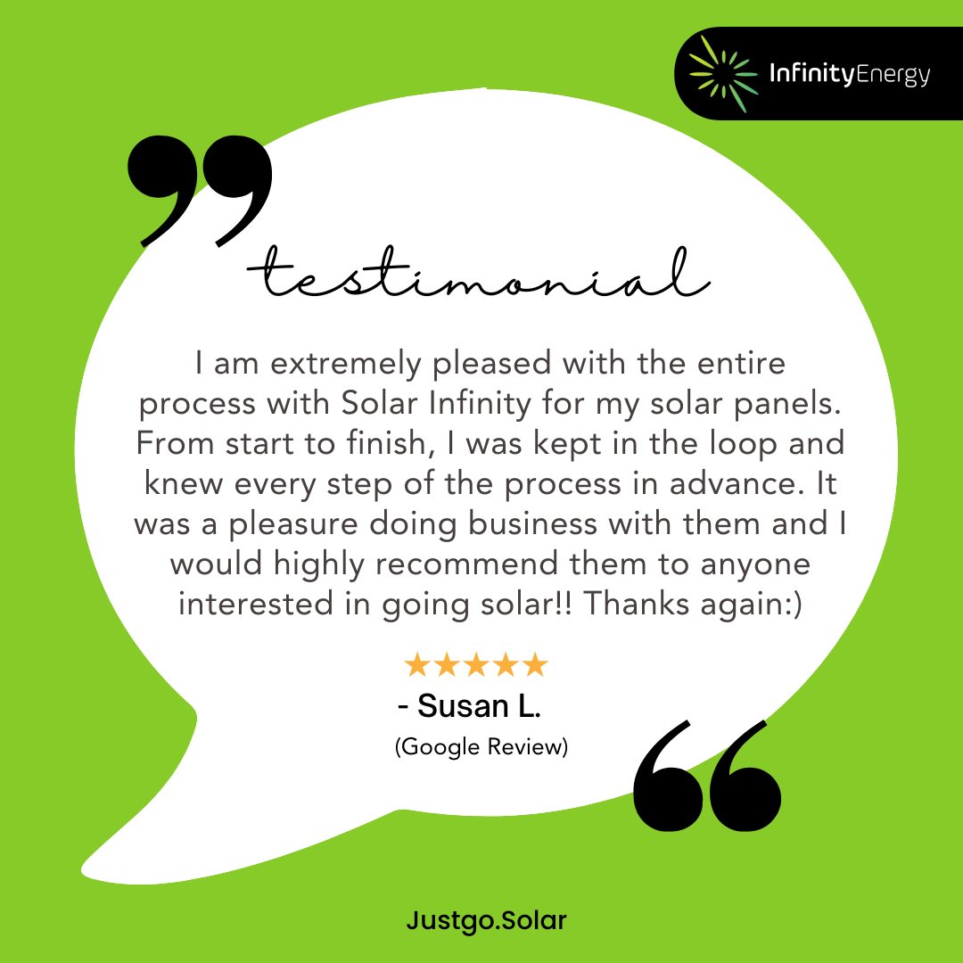 🌟Raving reviews like these make our day! 😍

Our customers' satisfaction is our top priority, and we're thrilled to share this amazing review with you all! 

Visit us to learn more: bit.ly/justgosolar

#Customerreview #ReviewOfTheDay #JustGoSolar #InfinityEnergy