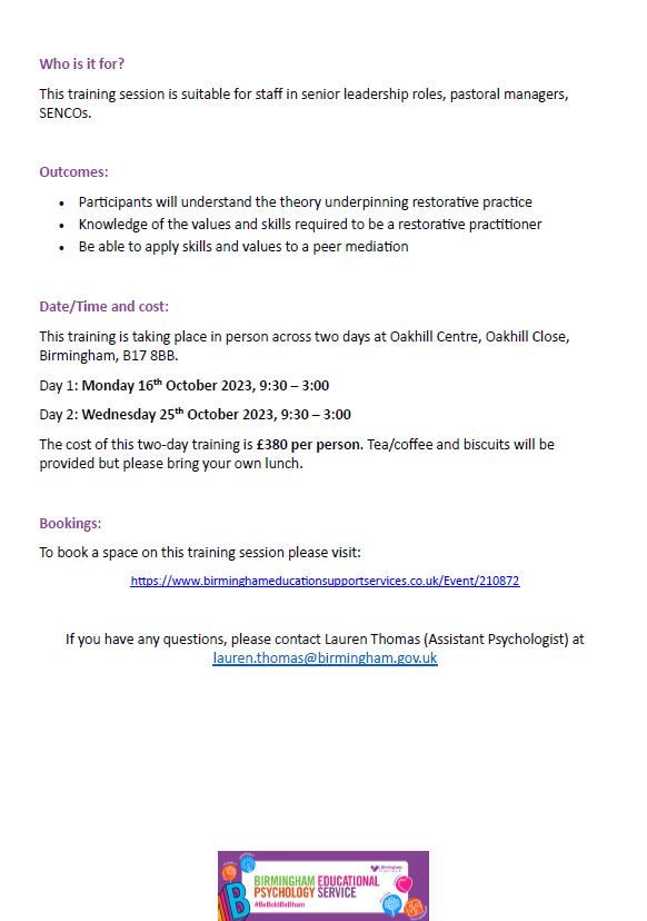 Upcoming training:

An Introduction to Whole School Restorative Practice 

Please see the attached flyer for further information and to book a place on the course, please visit:

…minghameducationsupportservices.co.uk/Event/210872

#TwitterEPs