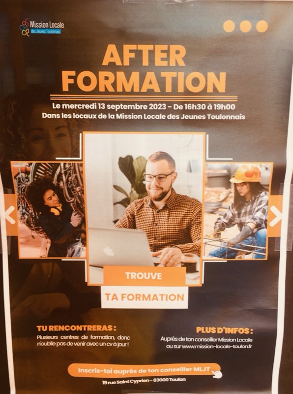 L'IFPVPS était présent à l'AFTER FORMATION de la mission locale de Toulon.
Objectif: présenter aux jeunes nos différentes formations, financées par le conseil régional Provence-Alpes-Côte d'Azur.#Emploi