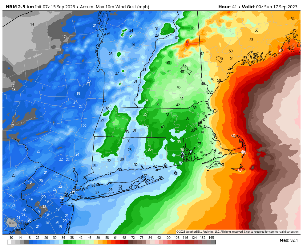 The wind gusts early Saturday morning will be strongest across the mid to outer Cape where 50-60mph gusts continue to be likely. 30-45mph gusts likely for the majority of the rest of our area.