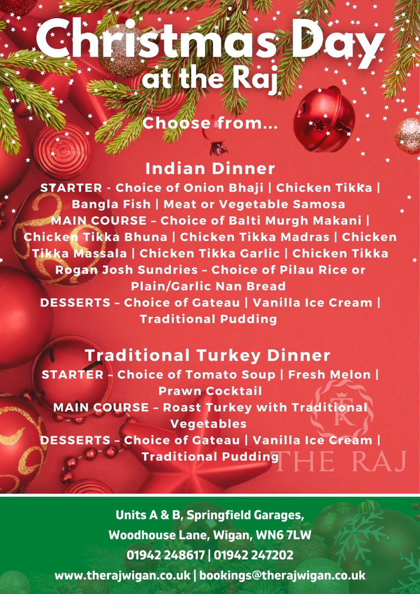 TheRajWigan's tweet photo. Christmas day bookings are now being taken
Call : 01942 248617 
Email : bookings@therajwigan.co.uk 
£10 cash deposit has to be paid to confirm booking https://t.co/7oLyuKsg79