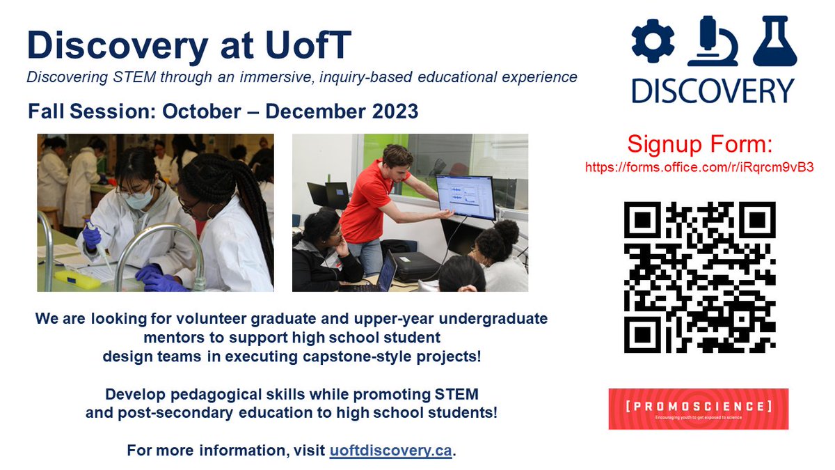 Discovery is looking for graduate and upper-year undergraduate students to participate as volunteer mentors for our upcoming Fall term. Encourage high school STEM students and develop your skills! To sign up, scan the QR code or go to forms.office.com/r/iRqrcm9vB3