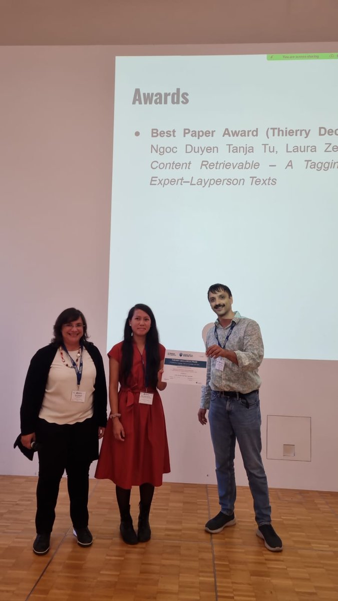 LDKconference's tweet image. Best Paper Award (Thierry Decklerc) goes to &quot;Making Non-Normalized Content Retrievable – A Tagging Pipeline for a Corpus of Expert–Layperson Texts&quot;. Congratulations to Christian Lang, Ngoc Duyen Tanja Tu, Laura Zeidler #ldk2023