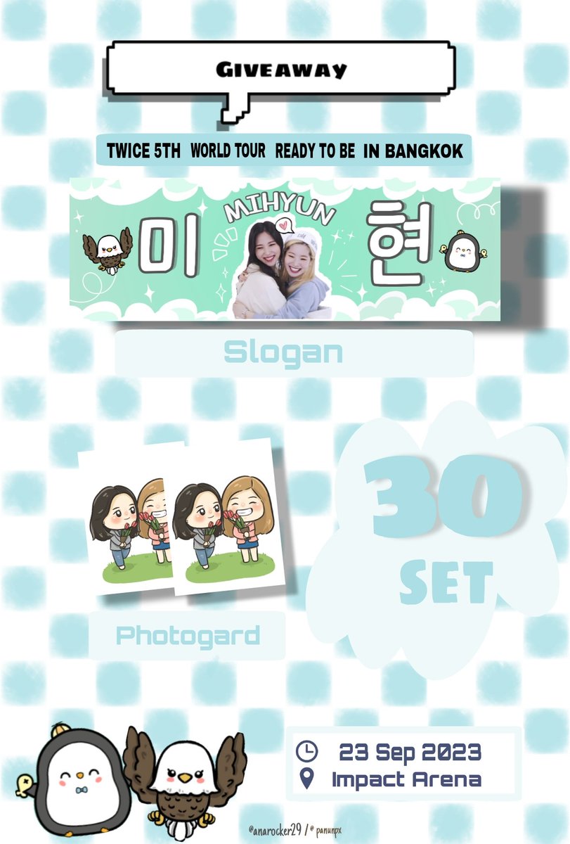 panunpx's tweet photo. pls rt #ทไว้2023
 .:｡*ﾟ‘ﾟ･. 𝐆𝐢𝐯𝐞𝐚𝐰𝐚𝐲 𝐌𝐈𝐇𝐘𝐔𝐍 .:｡*ﾟ‘ﾟ･.
𝘛𝘞𝘐𝘊𝘌 𝘙𝘌𝘈𝘋𝘠𝘛𝘖𝘉𝘌 𝘐𝘕 𝘉𝘈𝘕𝘎𝘒𝘖𝘒

✧* only 30 set ◡‌
📍 IMPACT ARENA / 23 Sep.
(เวลาและสถานที่จะแจ้งอีกครั้งนะคะ)

#TWICE_5TH_WORLD_TOUR #Mihyun #READYTOBE_IN_BANGKOK #RTBinBangkok https://t.co/Z7L6RQInn2