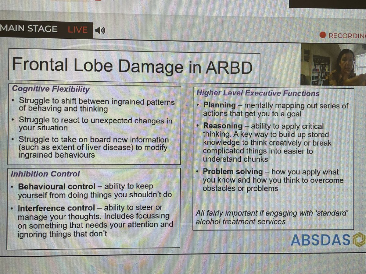 Now an excellent session from Prof Julia lewis on alcohol related brain damage - explaining symptoms of frontal lobe damage #rcpsychdementia