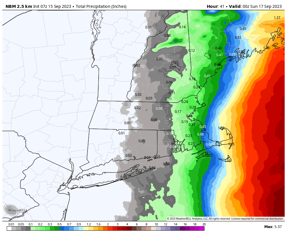And, finally, this continues to look like a minimal rain maker for most of us with the potential of 1" or more of rain confined to the mid/outer Cape. Thankfully the rain soaked areas of RI and Bristol County Mass from earlier in the week look to get very little.