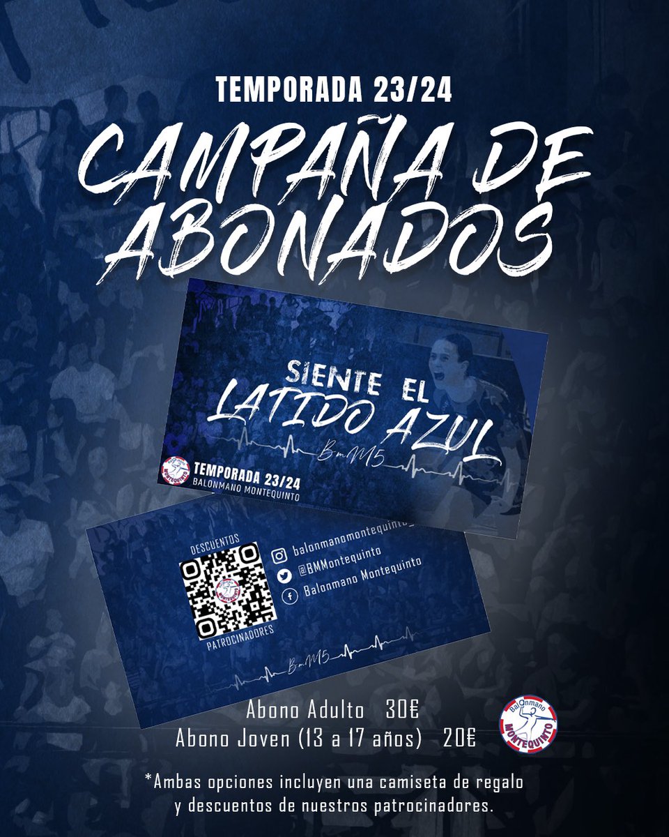 📢 iLA CAMPAÑA DE ABONADOS YA ESTÁ AQUÍ!

🪪Abonado Adulto 30€
💳Abonado Joven (13-17 años) 20€

*Ambas opciones incluyen una camiseta de regalo y descuentos de nuestros patrocinadores. 

Esta temporada, #sienteellatidoazul 💙

#balonmanomontequinto #abonados #nuevatemporada