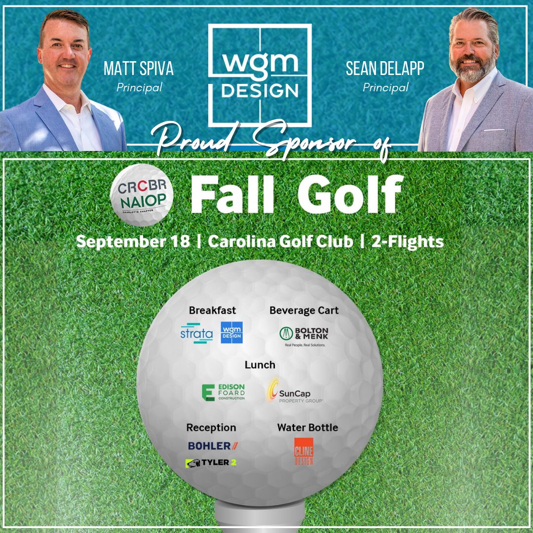 WGMDesignLLP's tweet image. WGM is excited to be the breakfast sponsor for NAIOP Charlotte and CRCBR Staff's Fall Golf Event on Monday⛳! Team Principals Sean DeLapp &amp;amp; Matthew Spiva will be attending the event!

#wgmdesign #golftournament #naiop #naiopcharlotte #CRCBR #charlotte #golfevent