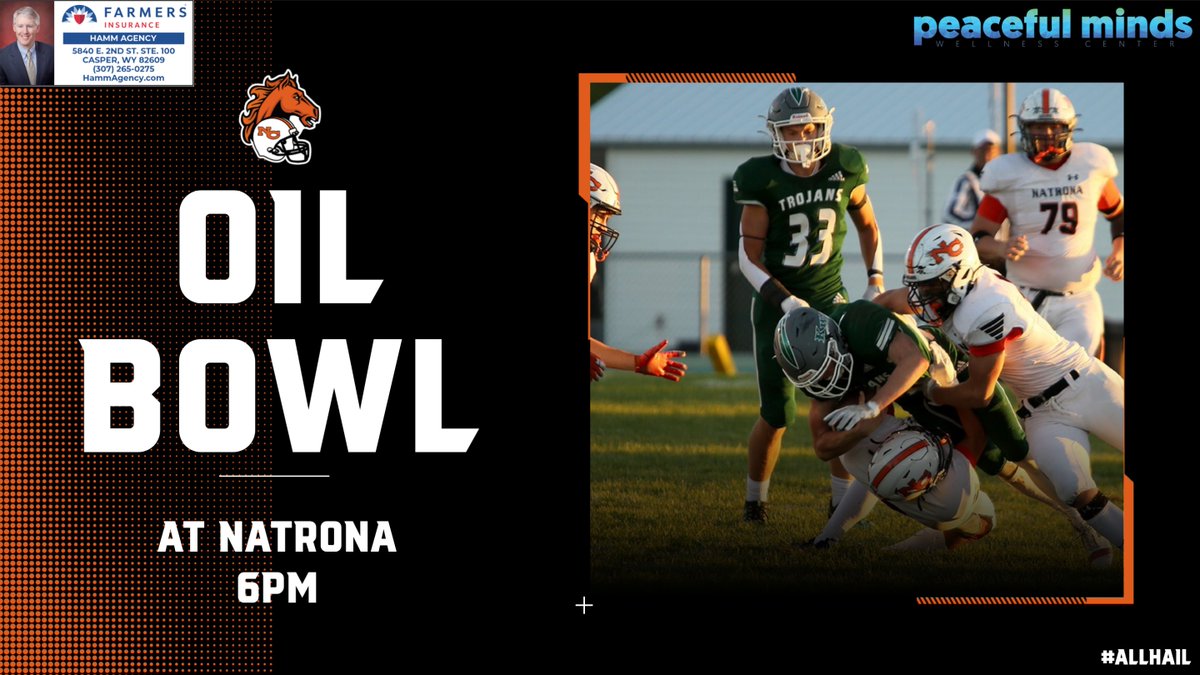 Come cheer on the Mustangs as they take on Kelly Walsh in the Oil Bowl! The game kicks off at NC at 6:00 p.m. #AllHail

Thank you to Peaceful Minds for sponsoring football gamedays. Thank you to Brad Hamm for being the official sponsor of this year's Oil Bowl.