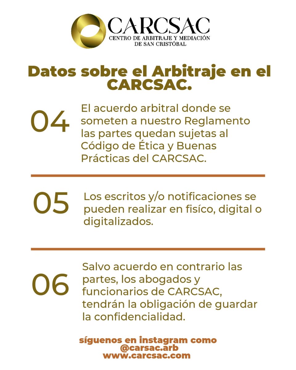 📌Estos son breves tips del proceso arbitral de conformidad a lo dispuesto en nuestro Reglamento General y en el Código de Ética y Buenas Prácticas del CARCSAC.

📌Para mayor información carsac.com 

#softlaw #reglamento #ArbitrajeInstitucional #tachira #venezuela