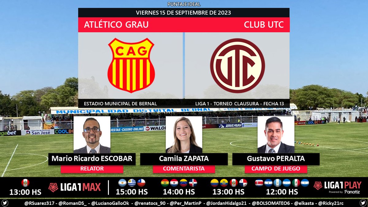 Puntaje_Ideal's tweet photo. ⚽ #Liga1 🇵🇪 | #AtléticoGrau vs. #ClubUTC
🎙 Relator: @MarioREscobar
🎙 Comentarista: @zapccamila
🎙 Campo de juego: @Gustavo_p4
📺 #Liga1Max 🇵🇪
💻📱 #Liga1Play by #Fanatiz 🌎
🤳 #UnaLigaParaTodos
Dale RT 🔃 https://t.co/MiUZPkBDho