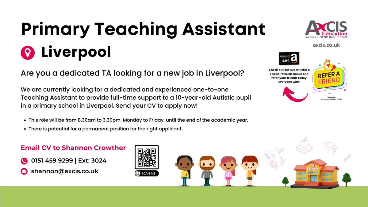 #primary #teachingassistant needed to support a 10-year-old #autistic pupil in a #primaryschool in #Liverpool working Mon-Fri until the end of the academic year | Exp working with pupils with #ASD & #challengingbehaviour | E: shannon@axcis.co.uk / T: 01514599299 | Ext: 3024