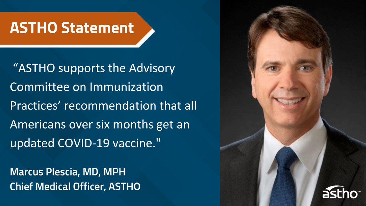 📢 ASTHO Statement: ASTHO supports the recommendation that all Americans aged six months and older receive an updated #COVID19 vaccine. More: bit.ly/46he3a9