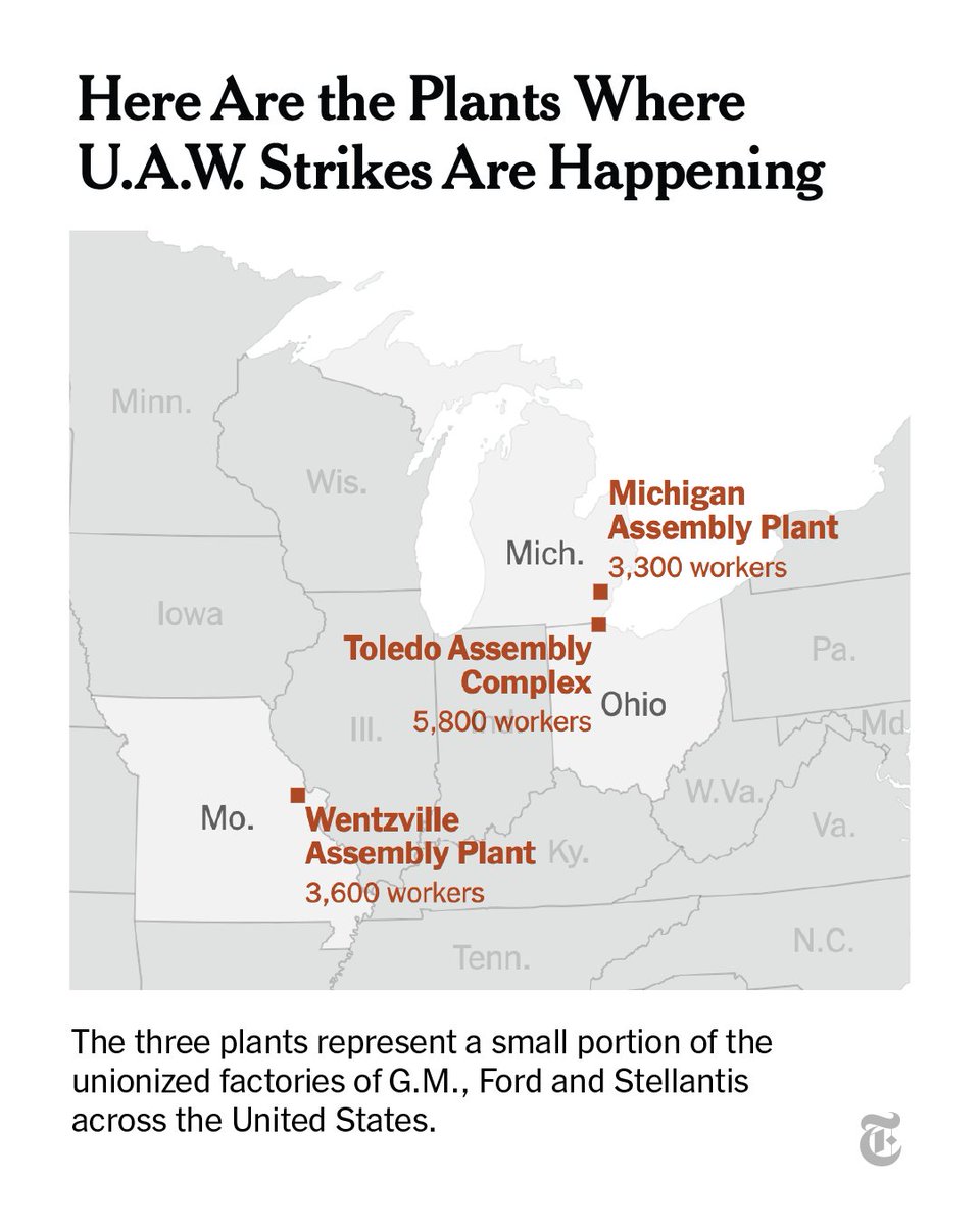 The United Automobile Workers union announced that a targeted strike had begun against all three Detroit automakers — General Motors, Ford Motor and Stellantis, the parent of Chrysler.

Here’s where the strikes are happening.
nyti.ms/3PnGCvw