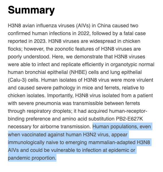 👀 Airborne transmission of human-isolated avian H3N8 influenza virus between ferrets cell.com/cell/fulltext/…