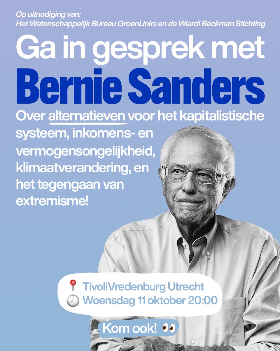 🚨 BERNIE SANDERS komt naar TivoliVredenburg in Utrecht! Met Bernie gaan we gesprek over alternatieven voor het kapitalisme, ongelijkheid, klimaatverandering en het tegengaan van extremisme. Ben jij erbij op woensdag 11 oktober? Meld je snel aan: pvda.gl/bernie