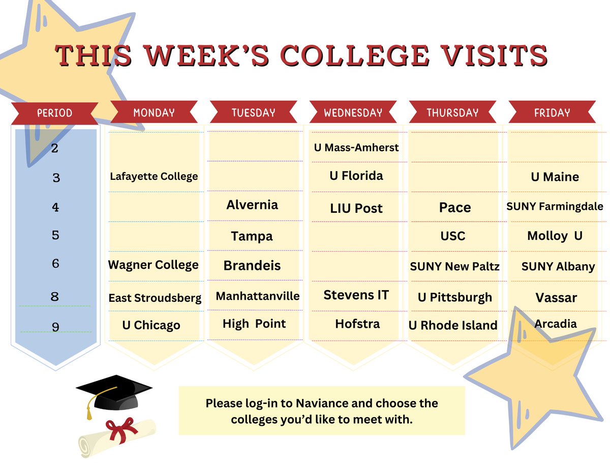 SENIORS! Here is a schedule of the college reps visiting next week 9/18-9/22🎓Don't miss your opportunity to learn about the schools you're interested in. Log into Naviance and book your spot today. #ewlearns #collegevisits <a href="/WheatleySchool/">The Wheatley School</a> <a href="/WheatleyPTO/">The Wheatley PTO</a> <a href="/EastWillistonSD/">East Williston UFSD</a>