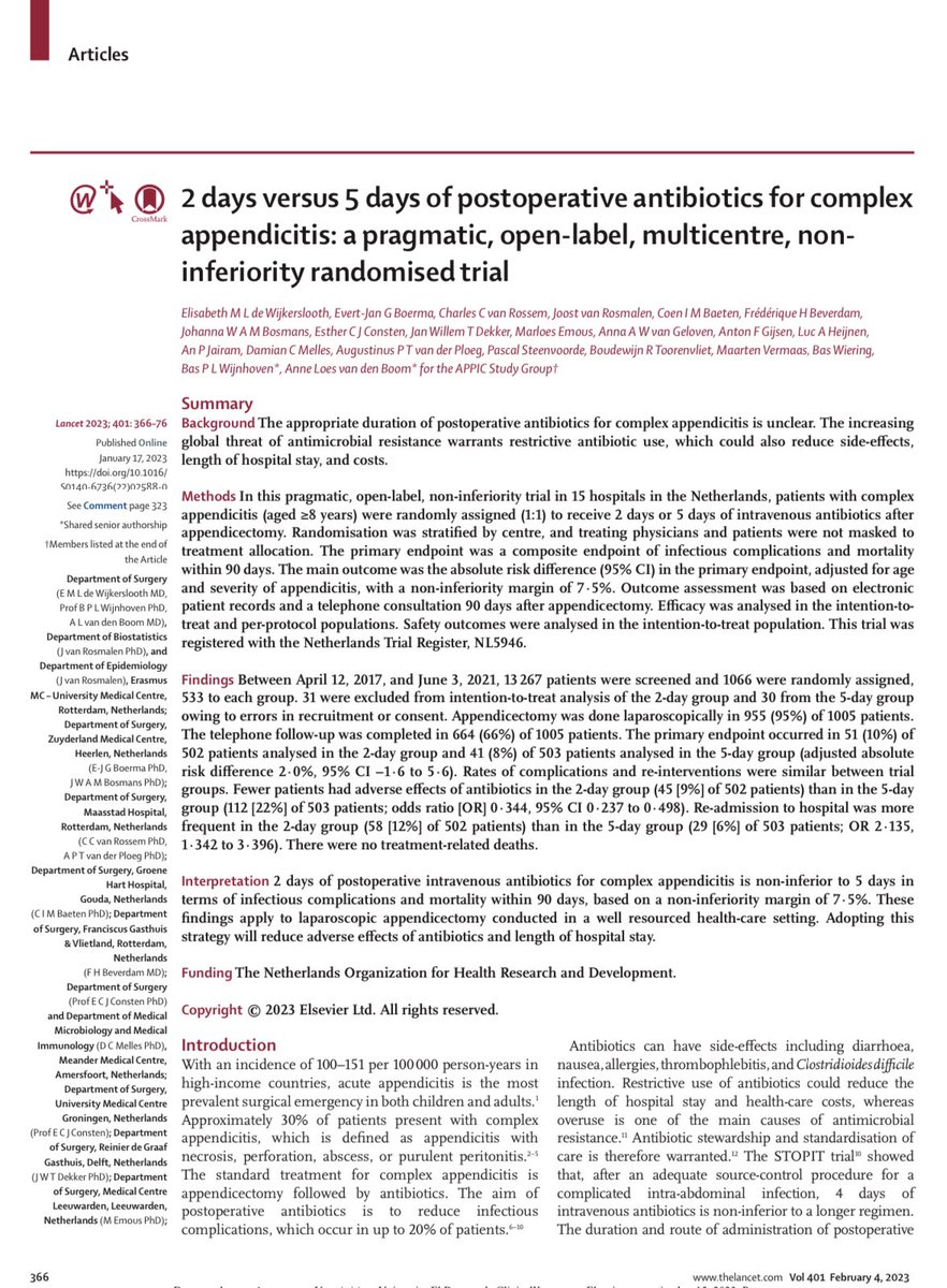 2 vs 5 days of postoperative antibiotics for complícate appendicitis @TheLancet 
#MISIRGlobalSurgery #SoMe4Surgery