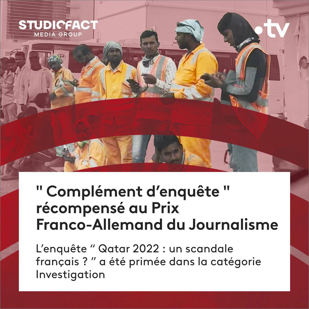 StudioFactOff's tweet photo. 🏅 « Qatar 2022 : un scandale français ? » Un documentaire réalisé par @PSFort  et Nicolas Bellot pour @Cdenquete , remporte le Prix Franco-Allemand du Journalisme dans la catégorie Investigation ! Nous sommes fiers de partager cette reconnaissance avec la team Studiofact🎬 https://t.co/88tYfuIkhS