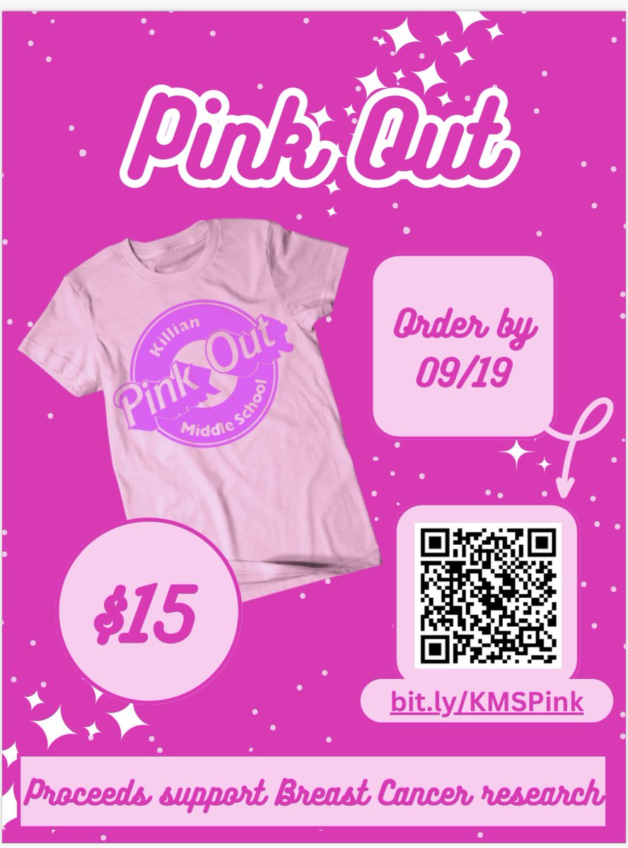Order your KMS Pink Out shirt by 9/19 to wear at our Oct. 6th Pink Out Pep Rally! Proceeds will be donated to breast cancer research. 
Bit.Ly/KMSPink