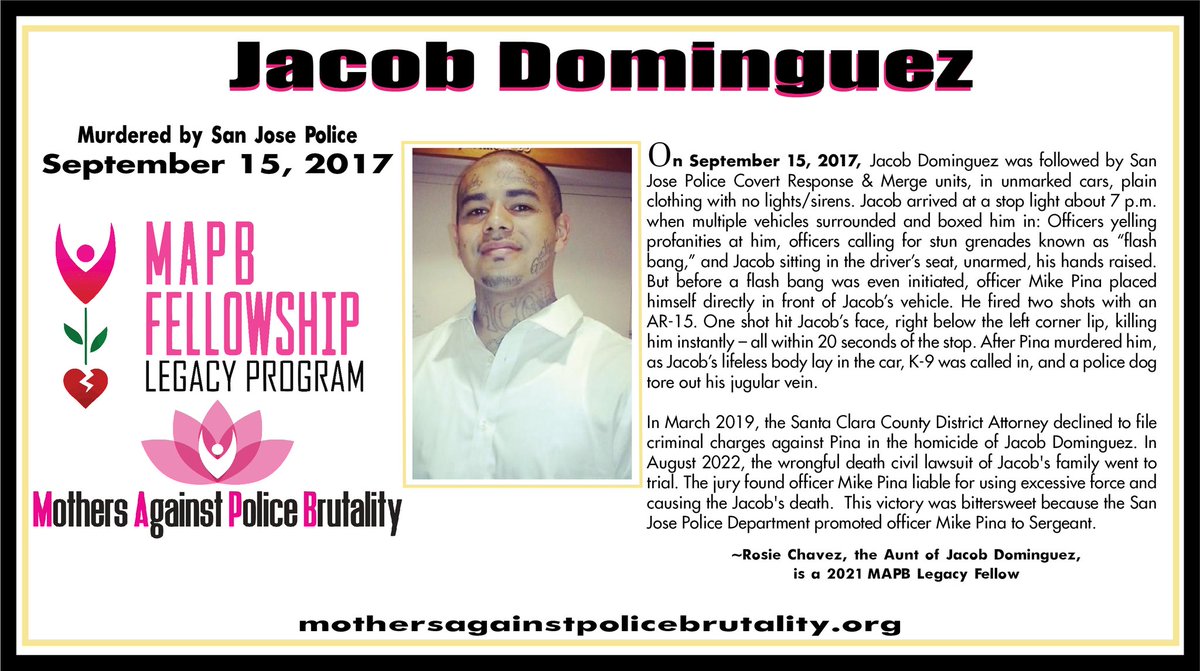 We're honoring the life of Jacob Dominguez. On this day, September 15, 2017, Jacob's life was stolen by San Jose Police. Rosie Chavez is a MAPB 2021-2023 Legacy Fellow. mothersagainstpolicebrutality.org