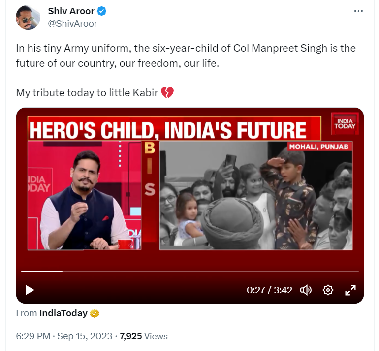 .<a href="/IndiaToday/">IndiaToday</a> के <a href="/ShivAroor/">Shiv Aroor</a> ji, ये बेहूदी पत्रकारिता है.
बार-बार, जवान मरता है, हर बार, आप उसके मासूम से बच्चे, बीवी को देशभक्ति के रंग में डूबोकर हर जायज सवाल को छिपा देते हो. आप TRP के लिए उस बच्चे के दुख को बेच रहे हो. उससे सहमति ली आपने कि मैं तुम्हारा गम टीवी पर बेचूं?? या Ad
