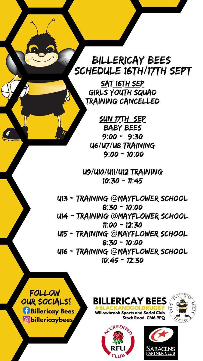 BILLERICAY BEES SCHEDULE 16/17 SEPTEMBER

Training this Sunday for all groups, on Saturday there is no Youth Girls training.

#rugbyfamily