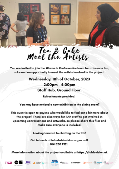 fable_vision's tweet photo. Work/Volunteer@#RAH #Paisley? Pop along on 11/10/2023@2-4pm to hear about #WoveninRenfrewshire. @Audsvisual @tsBeall @KayleighMcArt #KarenHerbison @NHSGGC #PlatformTU @Intercult @CreativeScots @HeritageFundSCO @RenCouncil @FoundationScot @TNLComFundScot @RenHSCP @Studio_FV https://t.co/HOlINx5xM1