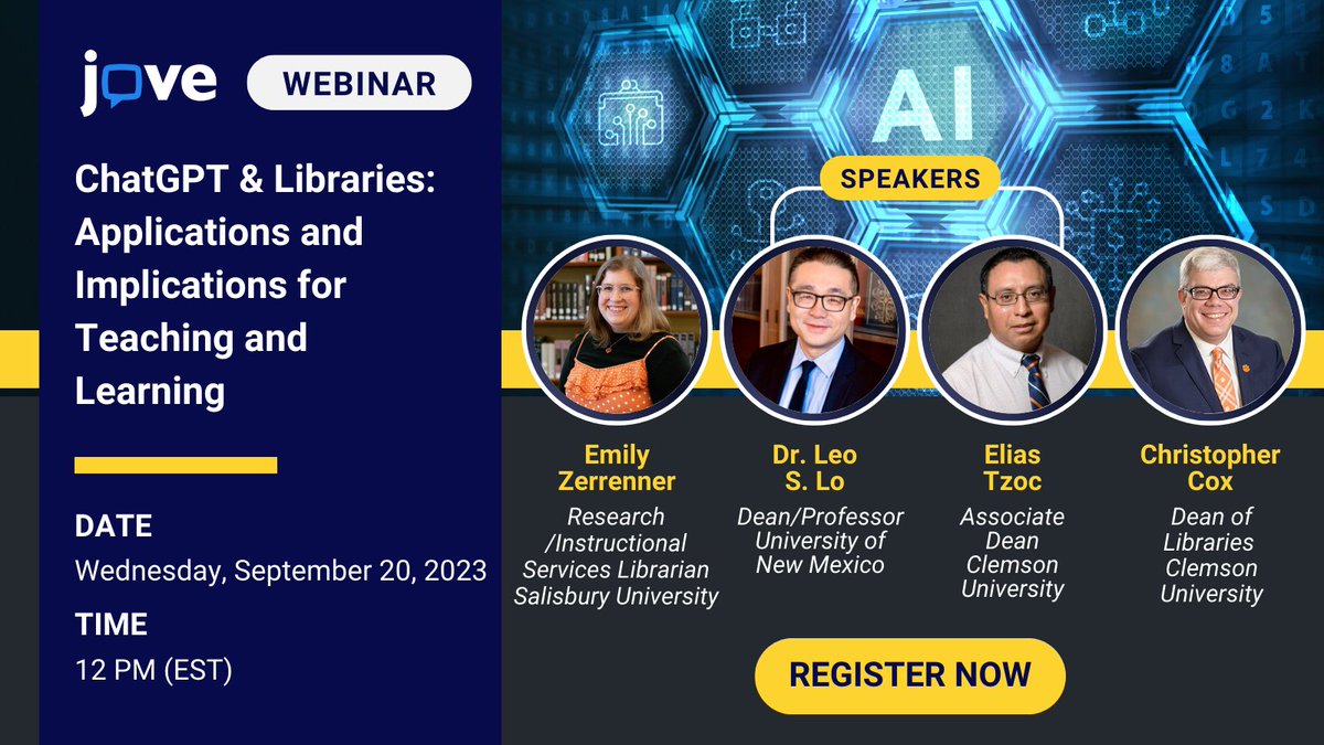 Join the webinar with our expert librarian panel on “ChatGPT & Libraries: Applications and Implications for Teaching and Learning.” Register now! hubs.ly/Q022n_Dh0 @SalisburyU @UNM @ClemsonUniv @EmilyZerrenner @chriscoxlibrar1 @leoslo