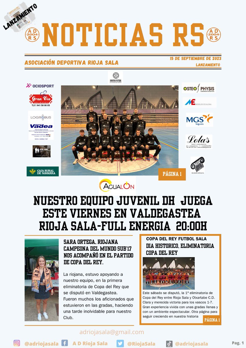 RiojaSala's tweet photo. ⚽️ BOLETÍN FUTSAL ⚽️

Lanzamos el primer boletín de noticias relacionadas con nuestro club y con el futsal riojano.

Esperemos que os guste. https://t.co/6YoixjiRPW