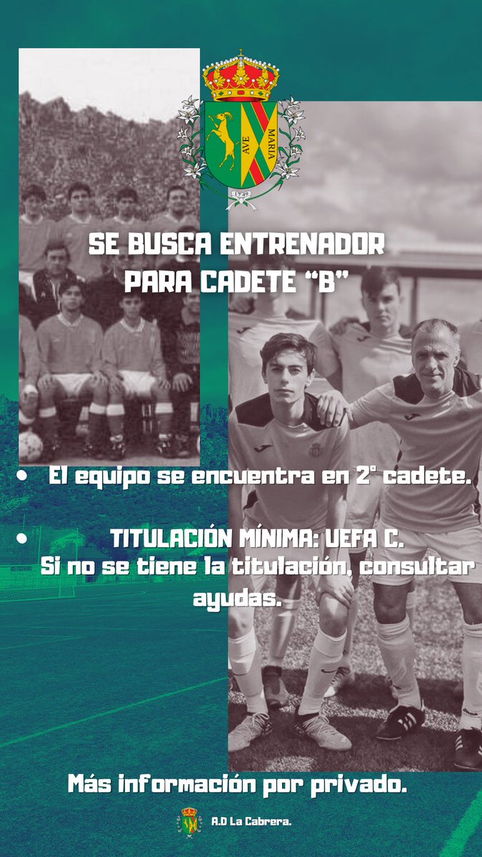 adlacabrera's tweet photo. 👮♀️| BUSCAMOS ENTRENADOR PARA CADETE "B".
🧐| TITULACIÓN MÍNIMA: UEFA C.
#GoVerdes💚🤍 https://t.co/lgpPAdC8Lg