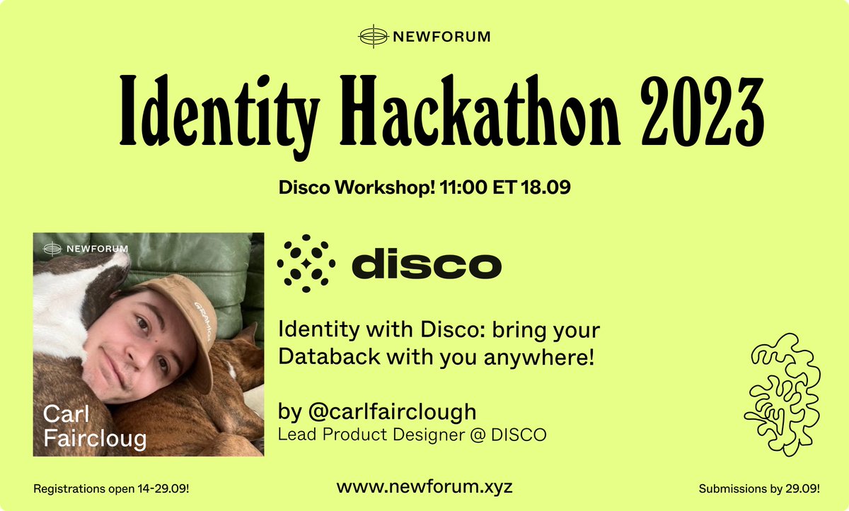 newfound8ion's tweet photo. Who's excited to participate in the upcoming #IdentityHackathon workshop session with the brilliant @carlfairclough, Mentor at NEWFORUM and Lead Product Designer at @discoxyz?⚡️

If you are🙂, please note a minor schedule adjustment. 🗓️The workshop will now take place online on 18.09 at 11:00 AM ET covering all things Identity and Verifiable Credentials with Disco. Don't forget to bring your Databack with you! 🪩🪩🪩