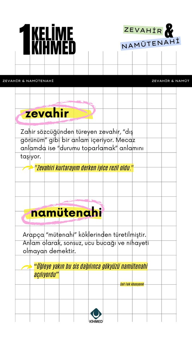 genckihmed's tweet photo. 1 KELİME 1 KİHMED🤔
“Zevahir” &amp; “Namütenahi” kelimelerinin anlamlarını sizler için derledik. 
#kihmed #kitap #kahve #kihmedkitapkahve #1kelime1kihmed https://t.co/xOzEtHbBRl