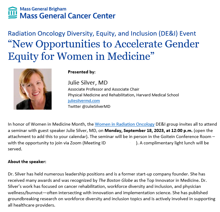 HenningWillers's tweet photo. 📢Kudos to @jenpursley_phd & the Women In #RadOnc #DEI Group for securing @JulieSilverMD as their inaugural speaker (and thanks to Dr. Silver for coming 🙏🙏🙏)
#WomenInMedicine Month
#needherscience
#womenwhocurie
#equity
#heforshe
#sheforshe https://t.co/Av6Sx1Mdq5