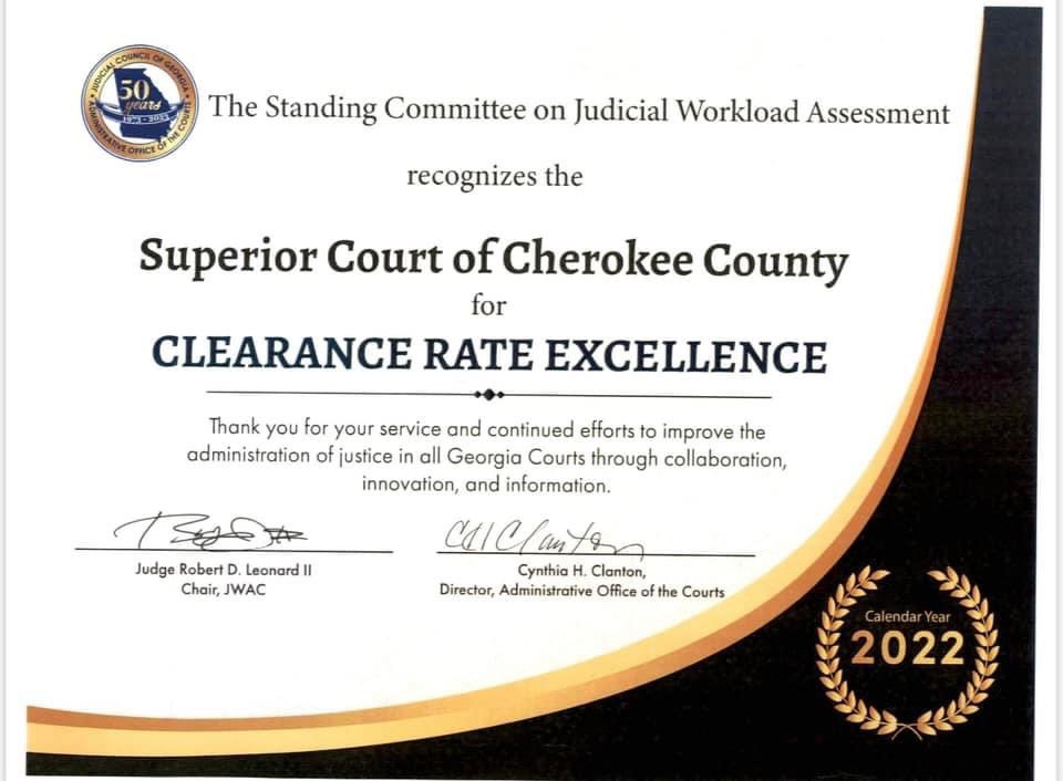 jbasto24's tweet photo. This award is given to the top 10% of courts in each class that demonstrates exceptional performance regarding Clearance Rate. 
#cherokeecountyga #hardwork #superiorcourt https://t.co/FSWkIEKZ4s