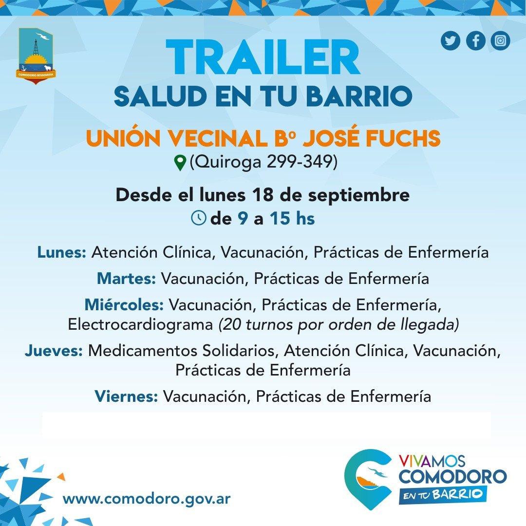 SecretariadeS20's tweet photo. #TRAILER SALUD EN TU BARRIO🚑
📌Unión Vecina B° José Fuchs (Quiroga 299-349)
📆Desde lunes 18/09
⏰De 9 a 15 hs https://t.co/lh4rmqUZ2d