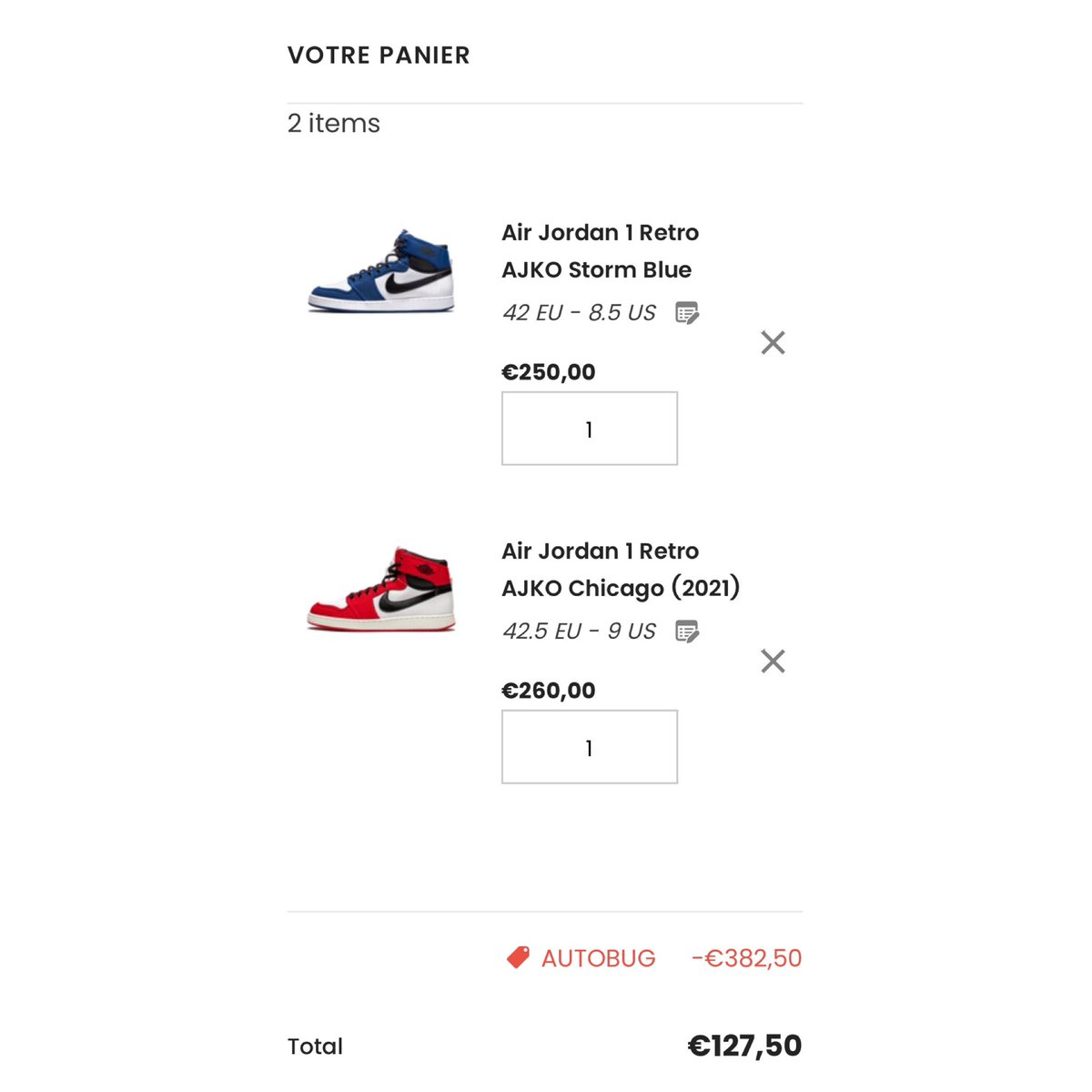 mayastrologie's tweet photo. ÉNORME DESTOCKAGE chez https://t.co/z4mjh0W0Do pdt 24h🤩 
toute les paires sont à -50% à partir de deux articles au paniers, j’ai eu mes deux AJ1 pour 127€ j’suis CHO-QUÉ!!!! https://t.co/LuJmVNvgjh