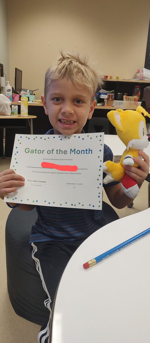 Congratulations to this student!  He demonstrates responsibility everyday!  He takes care of his belongings and helps other students.  He follows the directions and is an excellent model student!  We are proud of you!