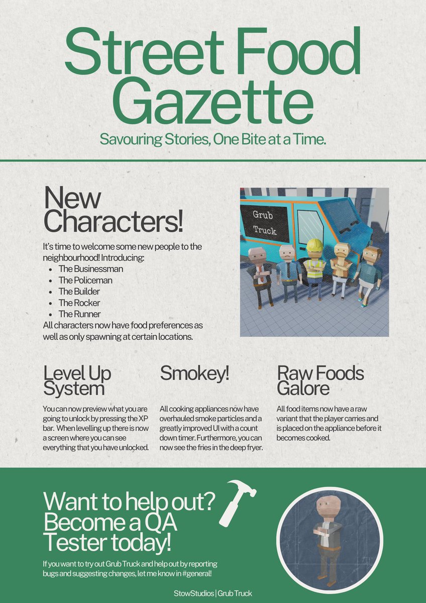 StowStudios's tweet photo. Vol. 1 of the Street Food Gazette - a newsletter that updates you on the changes that have taken place in the Grub Truck world. 

Join the Discord to be the first to see each volume and to have an input on the game! https://t.co/2ZgugNchDv

#IndieGameDev #indiegame #newsletter https://t.co/SsbX1oiKvO