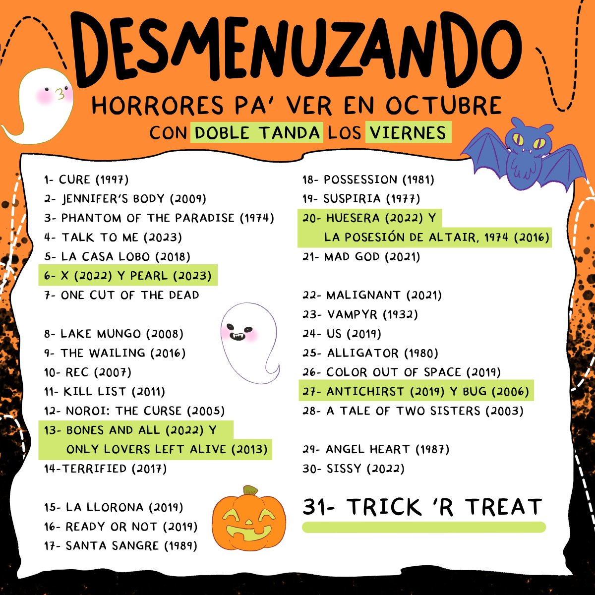 DesmenuzandoPod's tweet photo. ¡Llegaron los Horrores! Esta es nuestra primera lista de recomendaciones para Halloween con Doble Tandas especiales los viernes. En Octubre diremos donde están streaming - sponsor us Shudder! 🥲 - y tendremos contenido extra en Insta y maybeeee Tik Tok. Pendientes a las redes! 🎃 https://t.co/gXKKqjuQoF