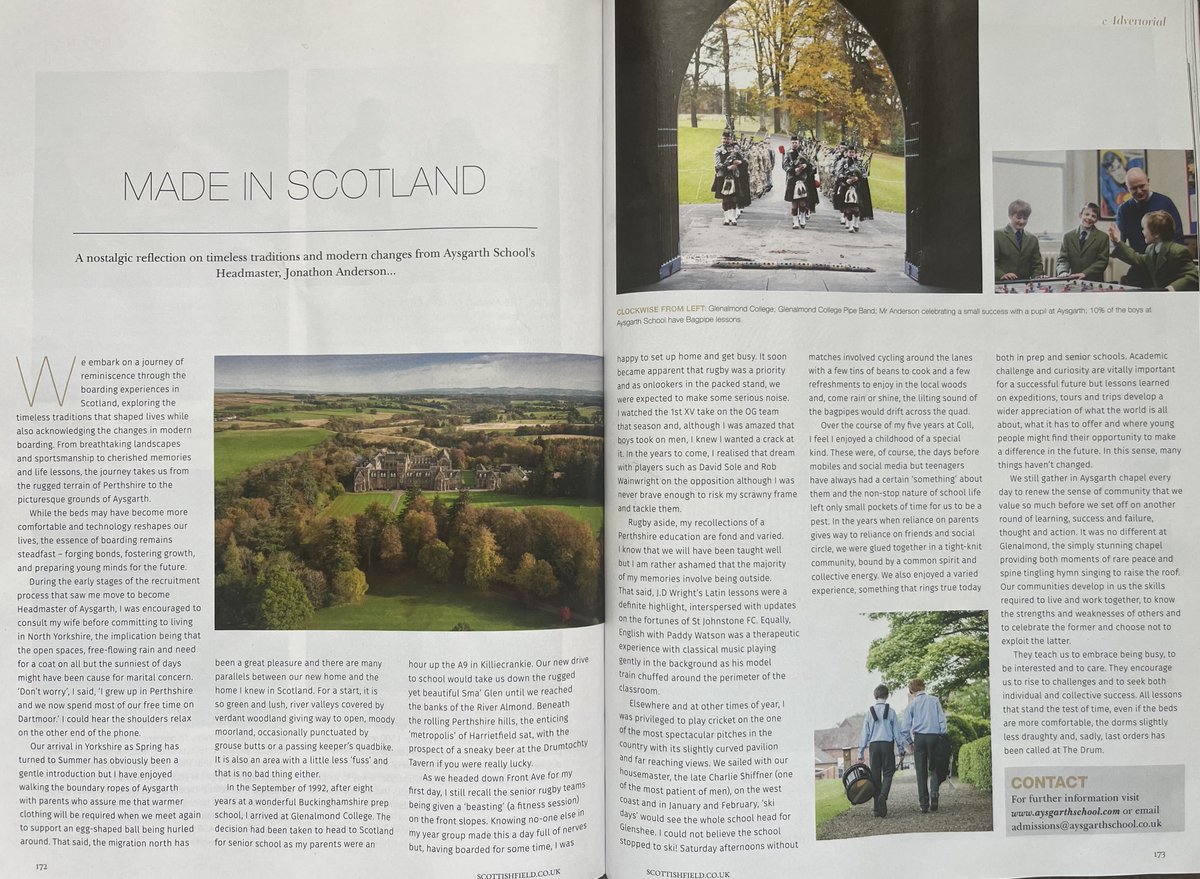 GlenalmondColl's tweet photo. What a wonderful article in @ScottishField this month from @AysgarthSchool Head Jonathon Anderson @aysgarth_hm reflecting so fondly upon his time at Glenalmond.

Thank you @ScottishField and thank you @aysgarth_hm 

#BoardingSchoolLife #IndependentSchoolProud https://t.co/n4Zi0LKlab