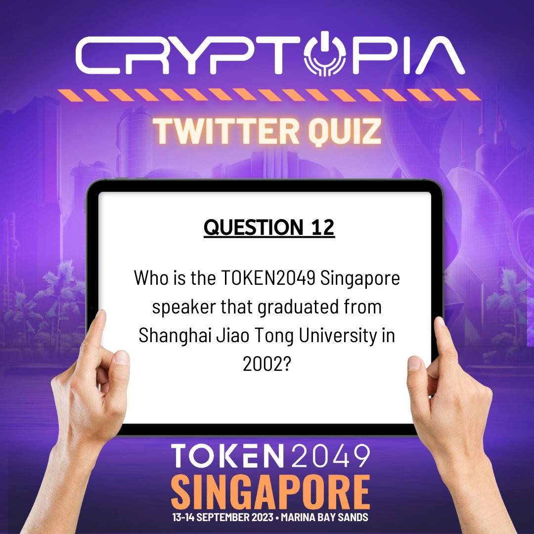 CryptopiaOFCL's tweet photo. 🚀 Here's Question Number 12 (for 2 Points, Tag him for an extra point)
In celebration of Cryptopia being a Gold Partner at the TOKEN2049 Event, we are launching Cryptopia TOKEN2049 Twitter Quiz!
How to join:
1. Answer daily questions (Sept 6-20) posted in https://t.co/H7OXzA2uwW
2. Retweet your answers to Cryptopia's Twitter post
3. Use #CryptopiaAtTOKEN2049 and #TOKEN2049
4. Follow @CryptopiaOFCL and @HFBonnet
Win big! 🏆
Top 1 = $50
Top 2 = $40
Top 3 = $30
Top 4 = $20
Top 5 = $10
Plus, raffle winners for participants get $10 x 5.
*The campaign runs until Sept 20. Get involved and celebrate with us! If there's a tie, the individual who responds first(among those with same scores) for each question will receive the point.
💰🗓 #Cryptopia #GoldPartner #TOKEN2049