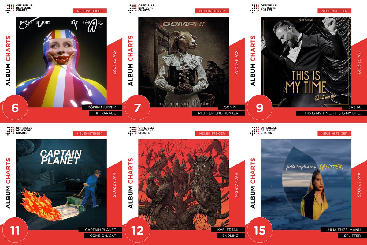 Die Top 15 der Album-Charts knacken <a href="/roisinmurphy/">Róisín Murphy</a> („Hit Parade“, #6), <a href="/oomphband/">OOMPH!</a> („Richter und Henker“, #7), Sasha („This Is My Time. This Is My Life“., #9), <a href="/cpt_planet666/">Captain Planet</a> („Come On, Cat“, #11), <a href="/Kvelertak/">Kvelertak</a> („Endling“, #12) und Julia Engelmann („Splitter“), #15).