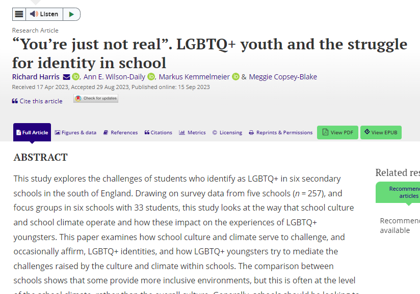 New article about the issues facing LGBTQ+ youth in schools - open access article can be found here tinyurl.com/my9887dy <a href="/stonewalluk/">Stonewall</a> @DrAdamBrett