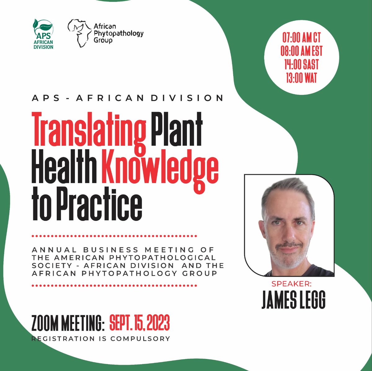 Our keynote speaker <a href="/jamesplegg/">James Legg</a> is now LIVE giving his talk, moderated by <a href="/LinzjRose/">Lindy Rose</a>
<a href="/plantdisease/">The American Phytopathological Society</a> <a href="/IITA_CGIAR/">IITA</a> <a href="/LandbouLisa/">Lisa Rothmann</a>
<a href="/LourenaArone/">Lourena Arone Maxwell</a> <a href="/shabintiyusuf/">Dr. Shahasi Y. Athman🇰🇪🇺🇬</a> <a href="/nov1873/">Olufemi J. Alabi</a> <a href="/smallowa/">Sally Mallowa</a> <a href="/FaithABankole/">Faith Ayobami Bankole</a> <a href="/rauwane_m/">Molemi Rauwane</a> <a href="/Ebunajobiewe/">Ebunoluwa Ajobiewe MSc.</a> <a href="/Dr_WardatouB/">Dr. Wardatou Boukari</a> <a href="/moyo_plantpath/">Lindani Moyo</a> <a href="/Temmykeji/">Nightingale</a> #APSAFRICANDIVISION