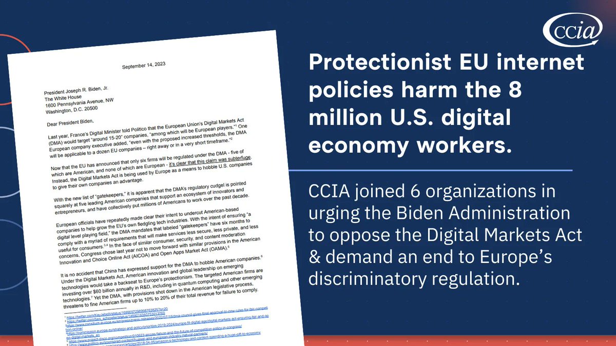 CCIA is proud to join @ProgressChamber, @DevsAlliance, @SIIA, @NetChoice, @TechNetUpdate, & @CTATech in urging the Biden Administration to stand up to the EU's discriminatory #DMA policies. buff.ly/3rj2X5t